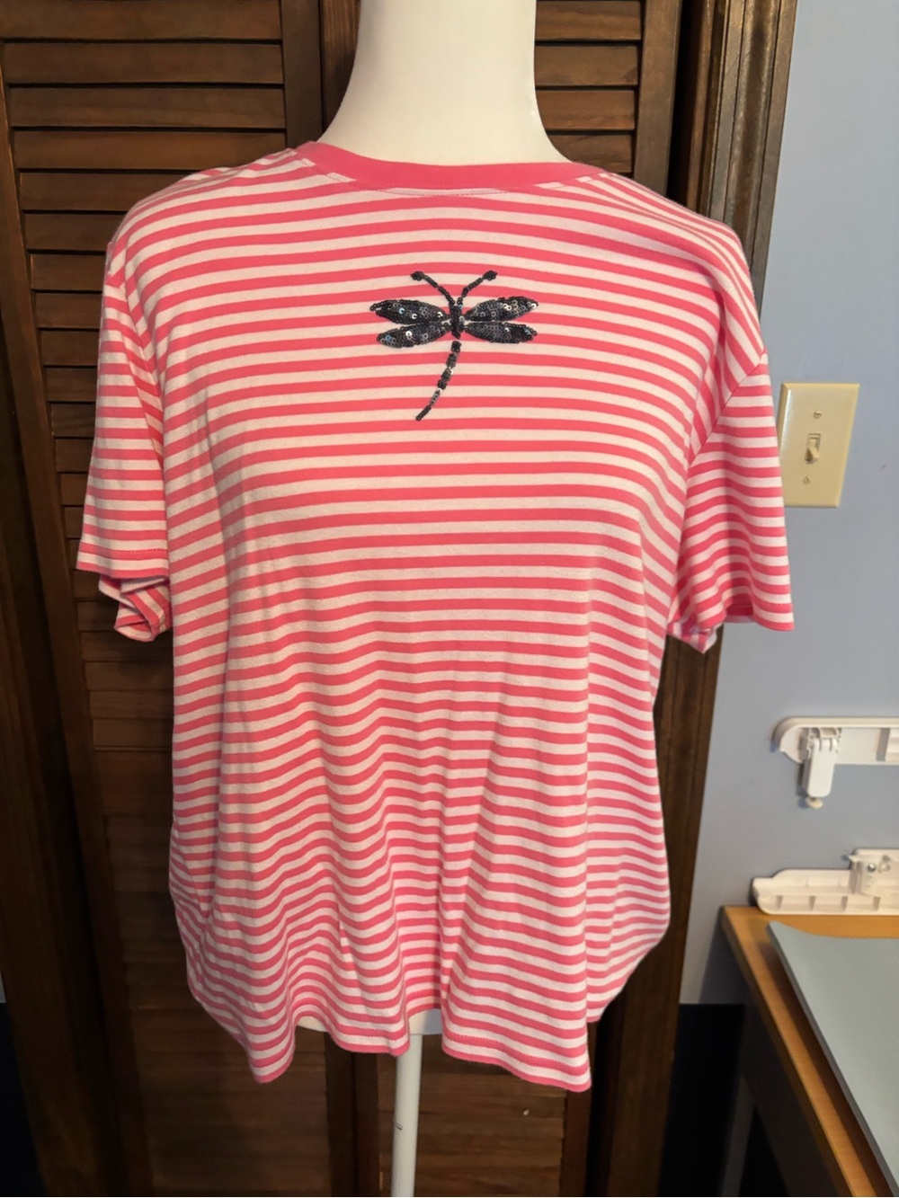 Talbots Pink and White Striped Tee with Sequin Dragonfly